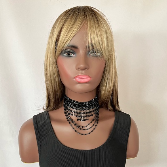 “Put On & Go” Blonde & Cocoa Brown Synthetic Wig with Bangs - Picture 4 of 6